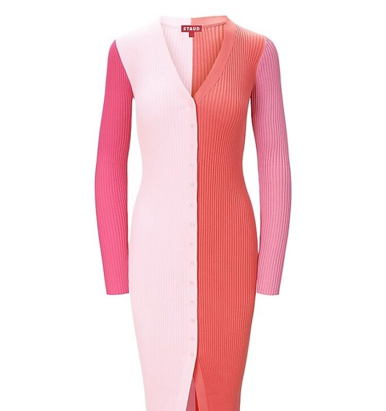 Shop Staud Women Shoko Sweater Dress Flamingo Multi Ribbed Knit Midi In Pink