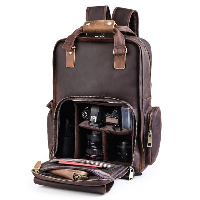 Steel Horse Leather The Gaetano Large Leather Backpack Camera Bag With Tripod Holder In Brown