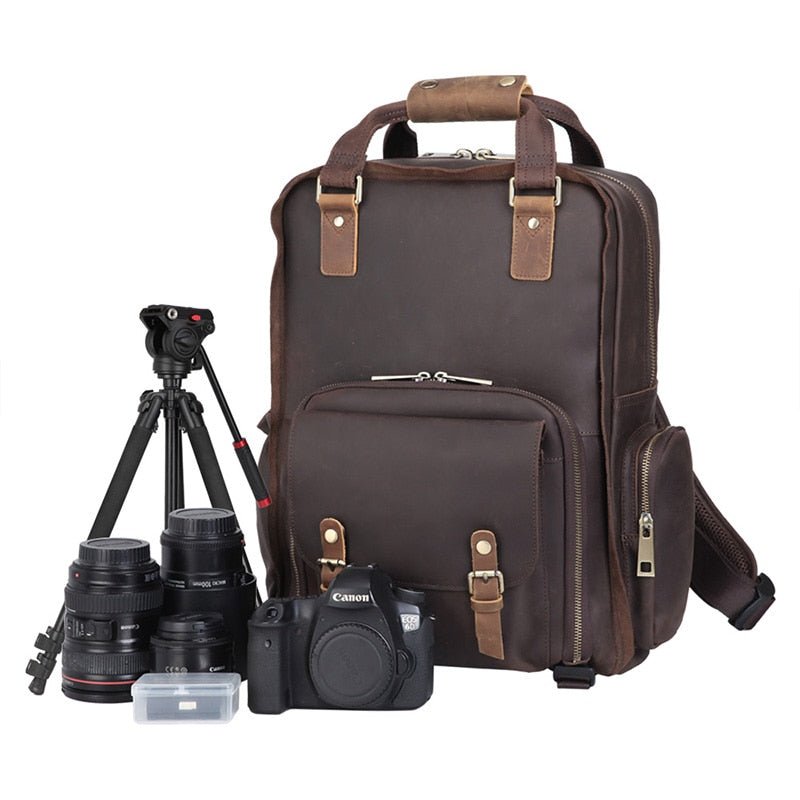Shop Steel Horse Leather The Gaetano Large Leather Backpack Camera Bag With Tripod Holder In Brown