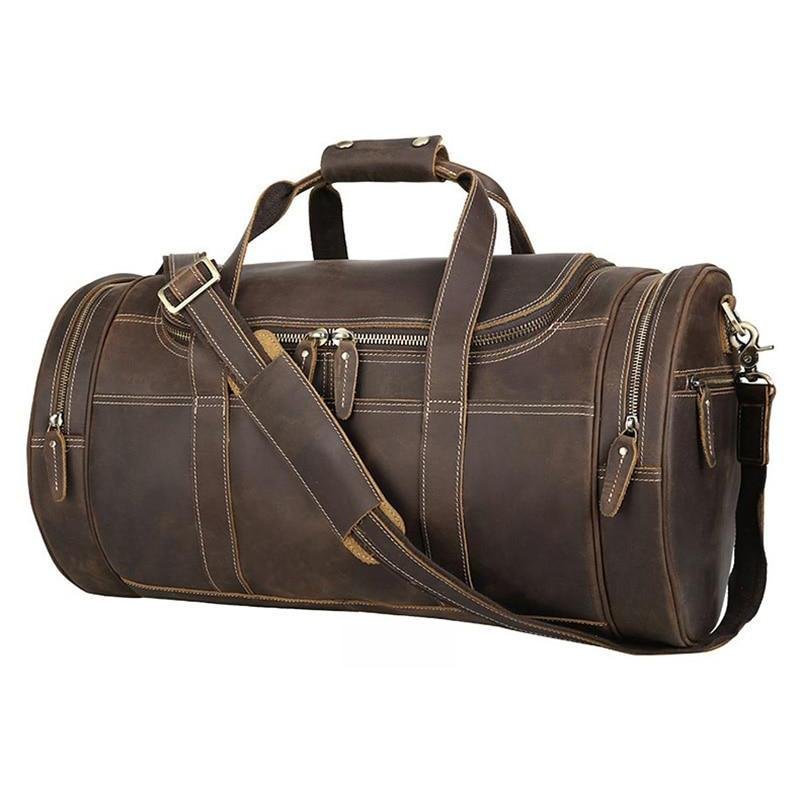 Steel Horse Leather The Wainwright Round Vintage Leather Weekender In Brown