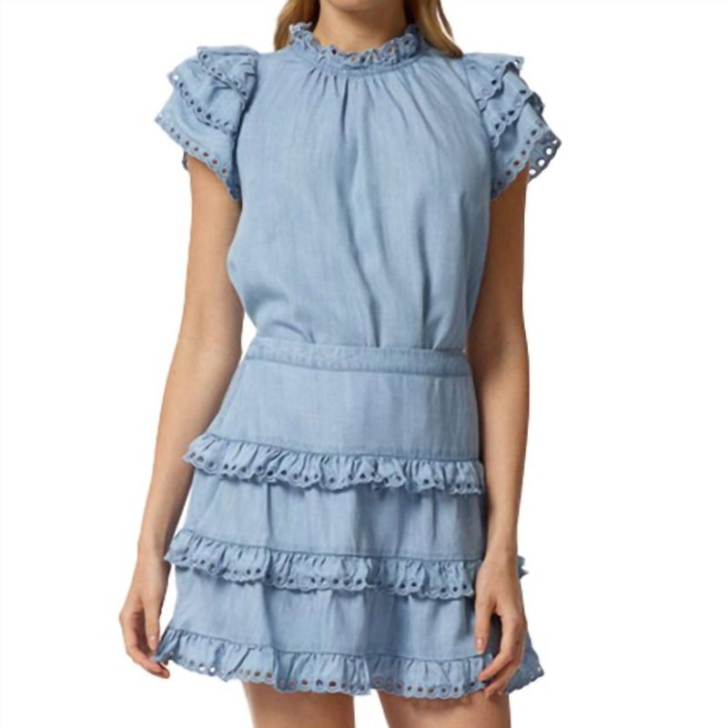 Shop Stellah Eyelet Trimmed Tiered Mini Skirt In Blue