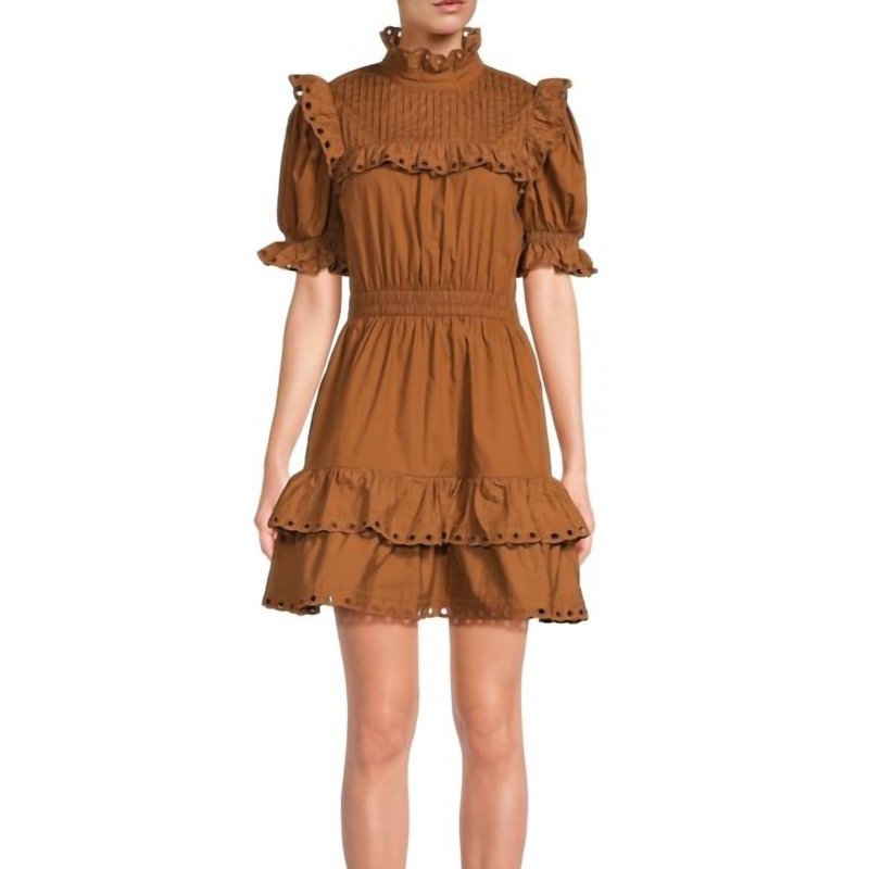 Shop Stellah Lace Trim Puff Sleeve Mini Dress In Brown