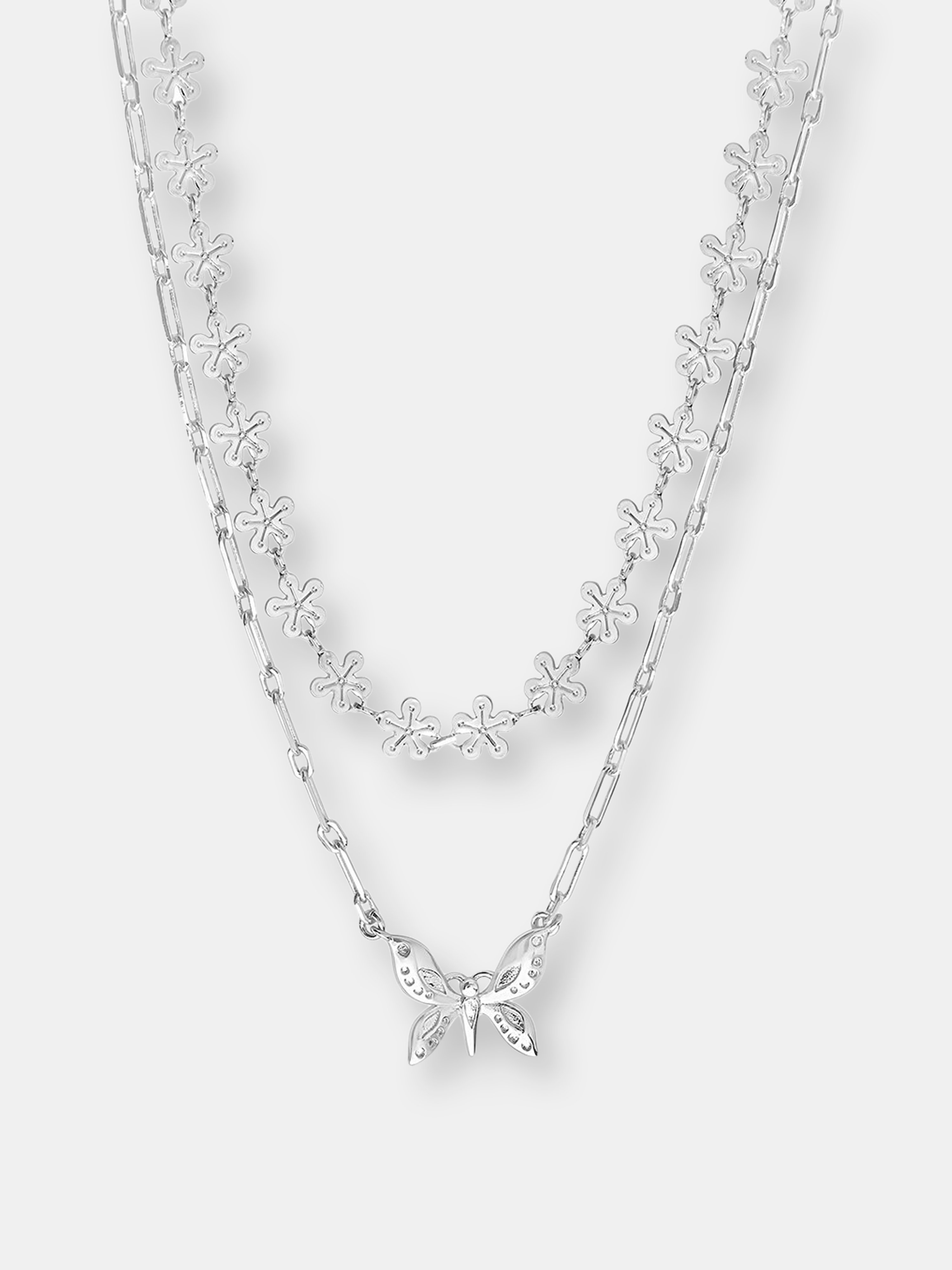 STERLING FOREVER STERLING FOREVER BUTTERFLY & DAISY CHAIN LAYERED NECKLACE