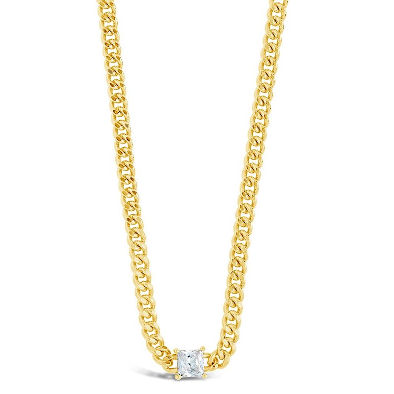 Sterling Forever Curb Chain Necklace With Stationed Cz In Gold