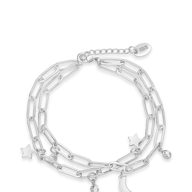Sterling Forever Cz, Moon, & Star Double Chain Bracelet In Grey