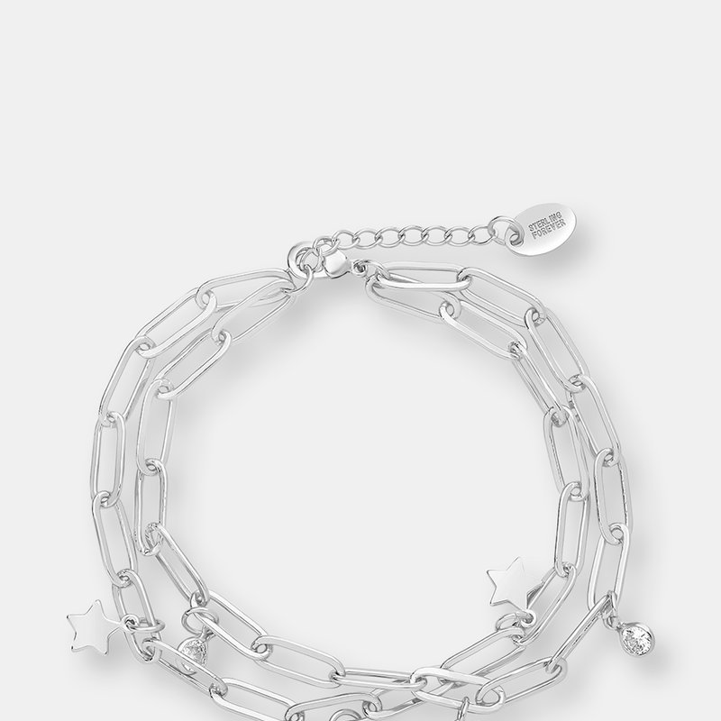 Sterling Forever Cz, Moon, & Star Double Chain Bracelet In Silver