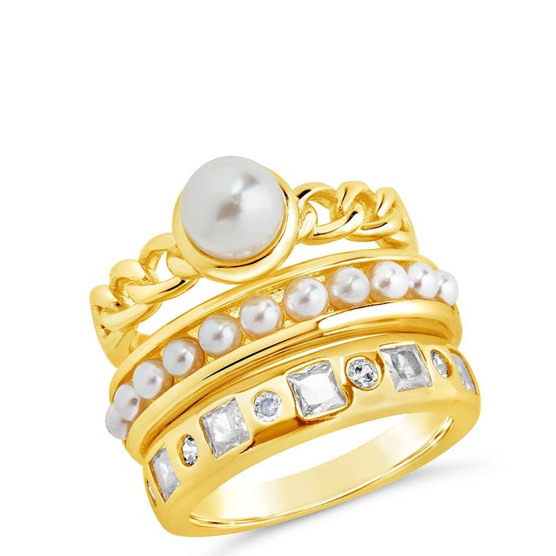 Shop Sterling Forever Kimber Pearl & Cz Stacking Ring Set Of 3 In Gold