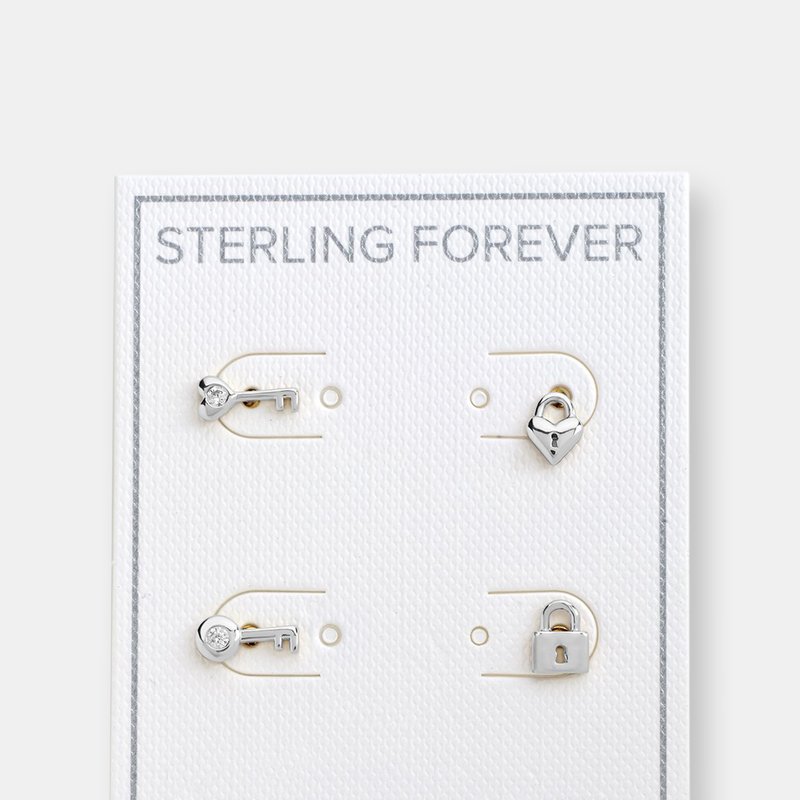 Sterling Forever Lock And Key Stud Set Earrings In Silver