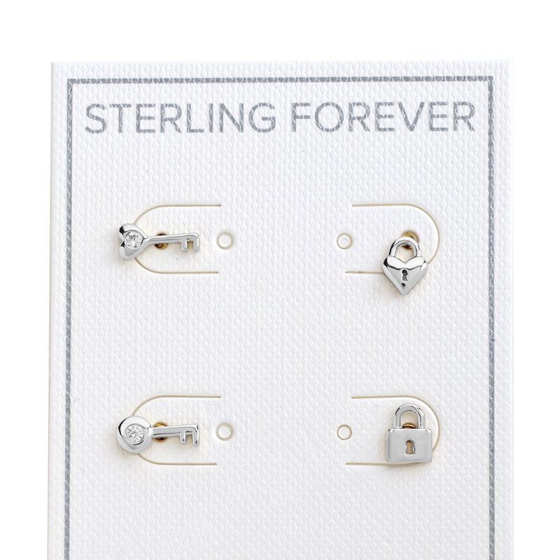 Sterling Forever Lock And Key Stud Set Earrings In Grey