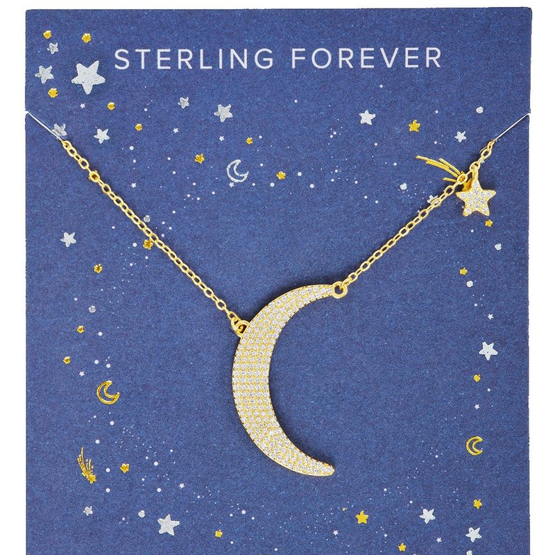 Sterling Forever Sterling Silver Cz Crescent & Star Charm Necklace In Gold