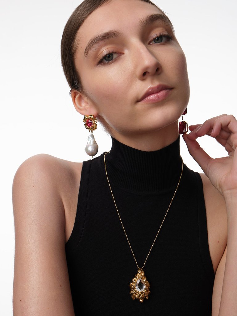 Lola Crystal Baroque Pearl Drop Earrings - Gold/Ruby