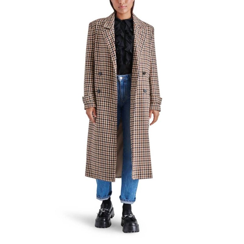 Steve Madden Prince Double Breasted Long Coat In Brown Plaid