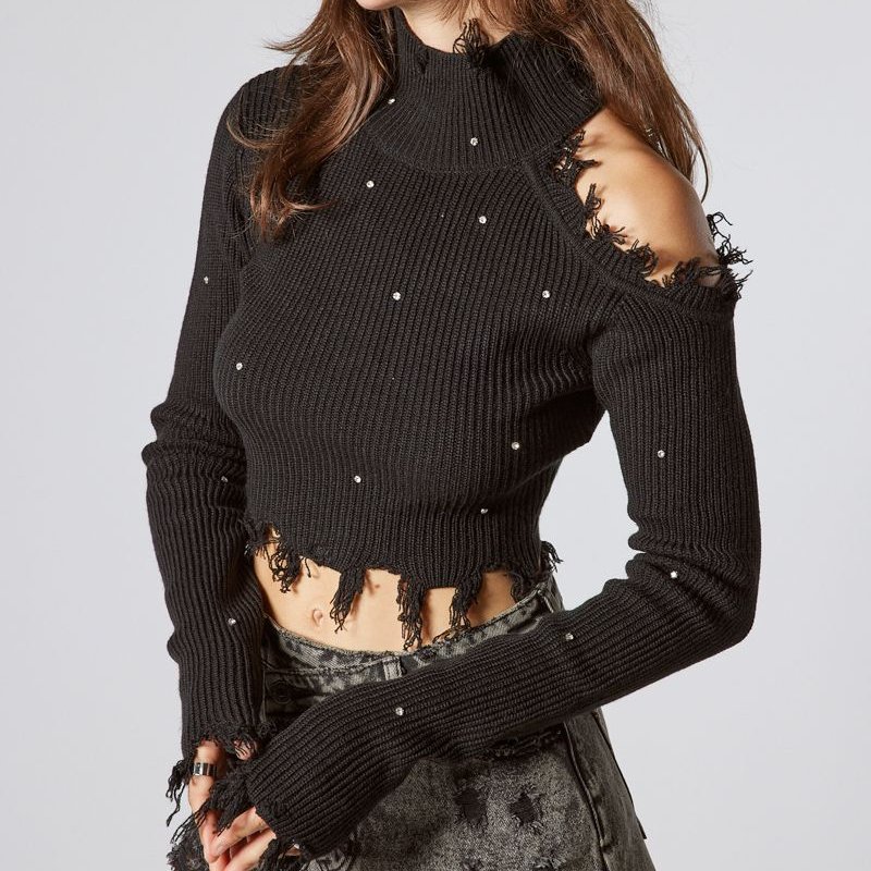 Summer Wren Black Open Shoulder Cropped Sweater With Stones In Gray