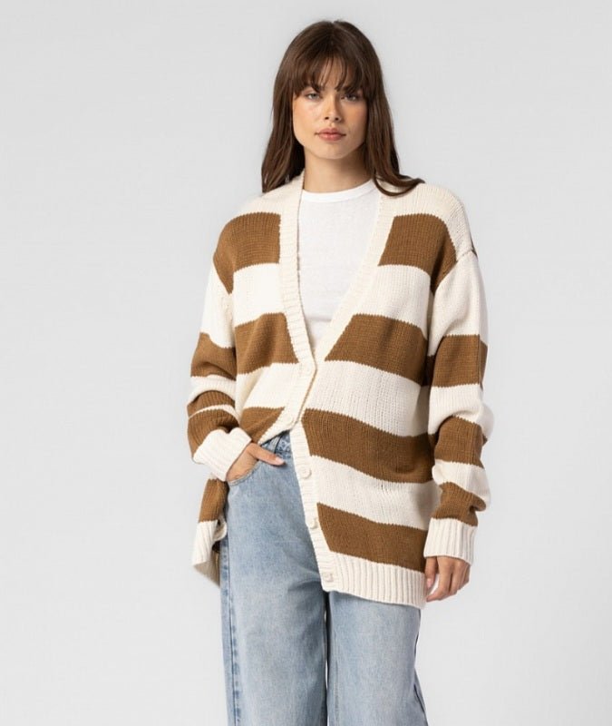 Summer Wren Brown Oversized Knitted Striped Cardigan In White