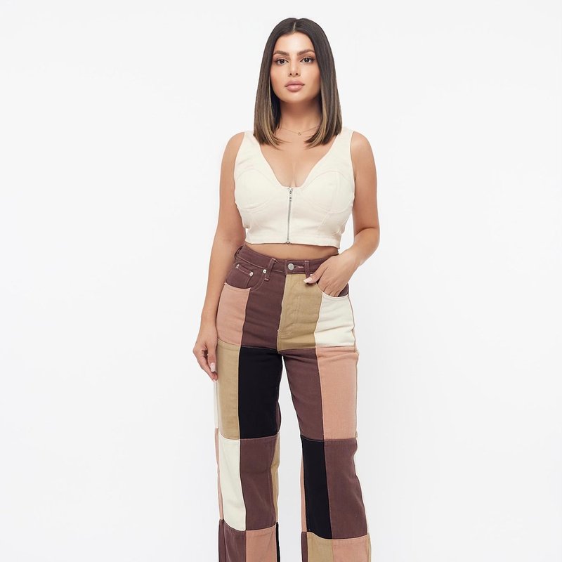 Summer Wren Color Block Hight Waisted Brown Stretch Jeans In Multi