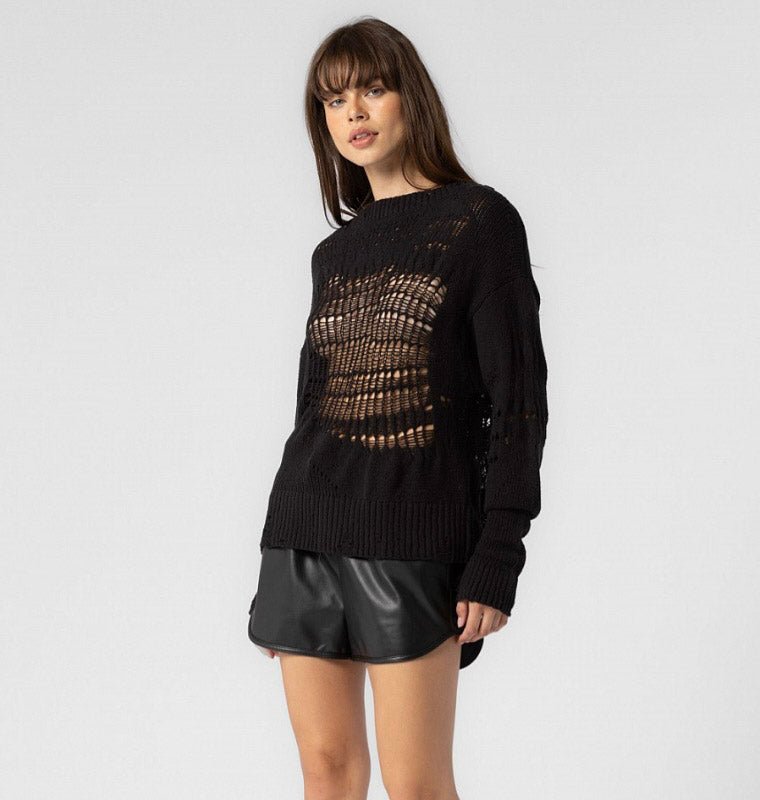 Summer Wren Knitted Distressed Sweater In Black
