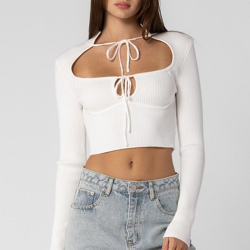 Summer Wren White Knitted Cut Out Ribbon Top