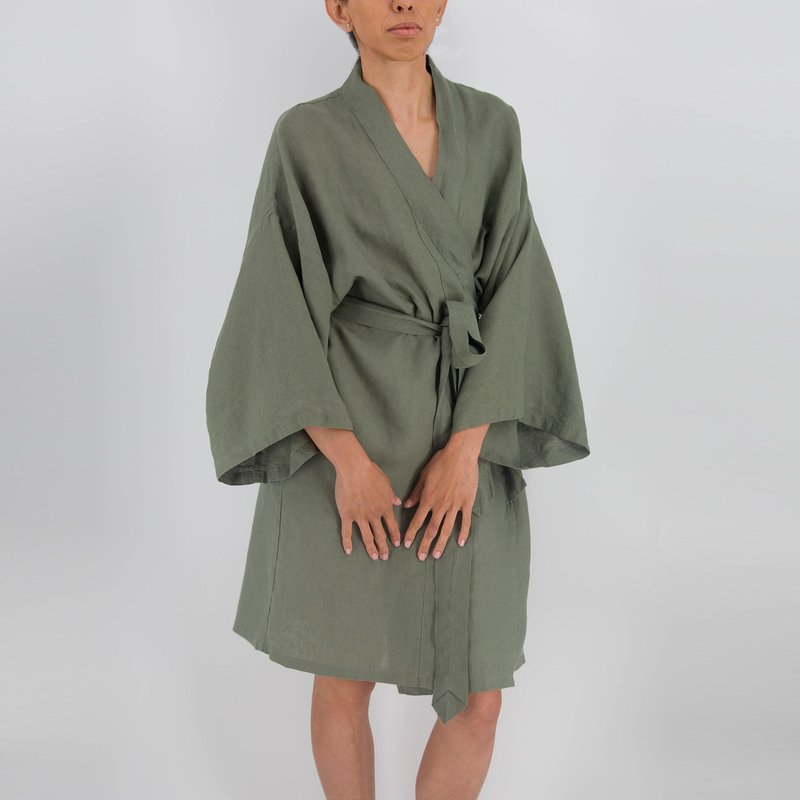 Sunday Morning Leia Mid-length French Linen Robe In Yellow