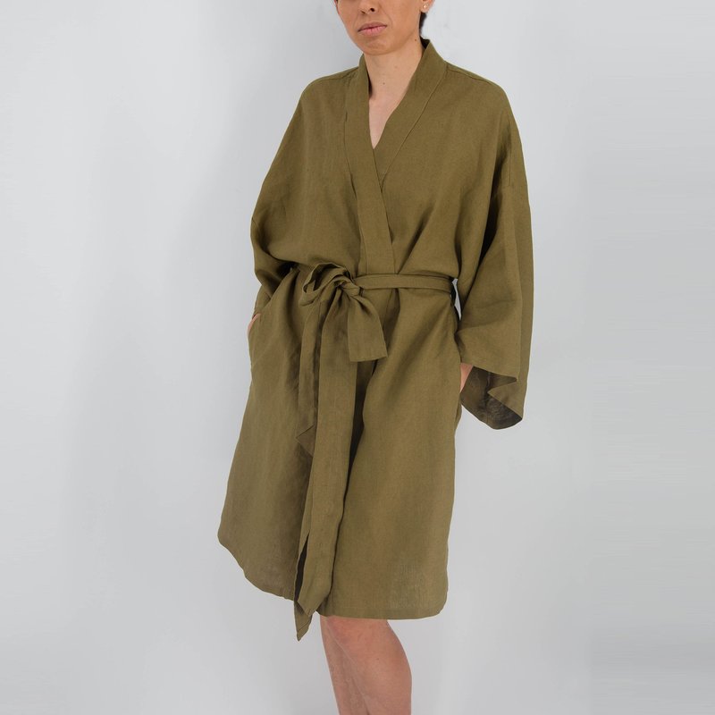 Sunday Morning Leia Mid-length French Linen Robe In Brown