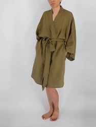 Leia Mid-Length French Linen Robe - Moss
