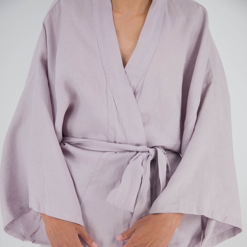 Sunday Morning Leia Mid-length French Linen Robe In Purple