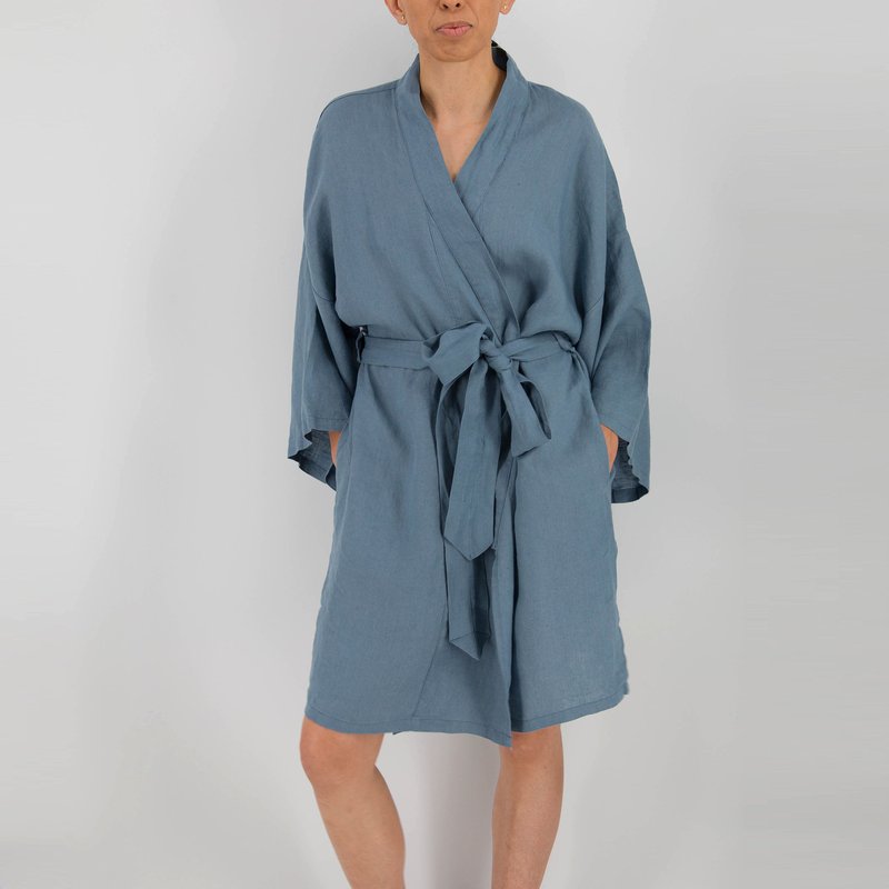 Sunday Morning Leia Mid-length French Linen Robe In Blue