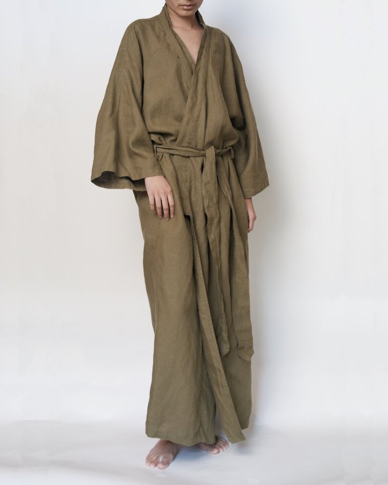 Sai Full-Length Linen Robe - Moss