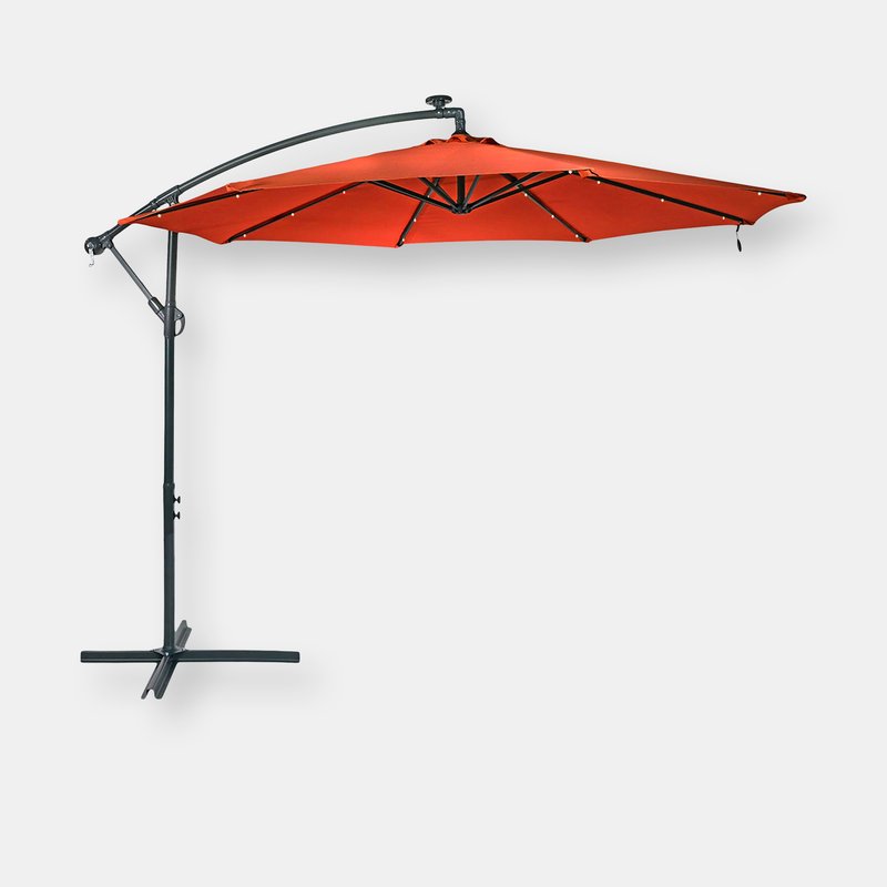 Sunnydaze Decor 10ft Offset Solar Patio Umbrella Outdoor Led Lights Cantilever Crank Brown Deck In Orange