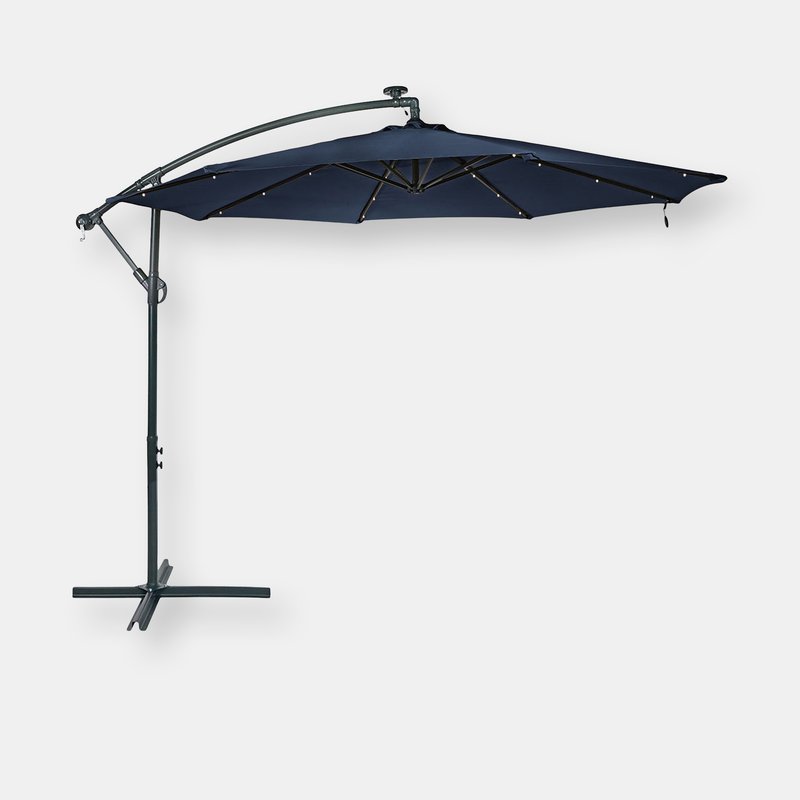 Sunnydaze Decor 10ft Offset Solar Patio Umbrella Outdoor Led Lights Cantilever Crank Brown Deck In Blue
