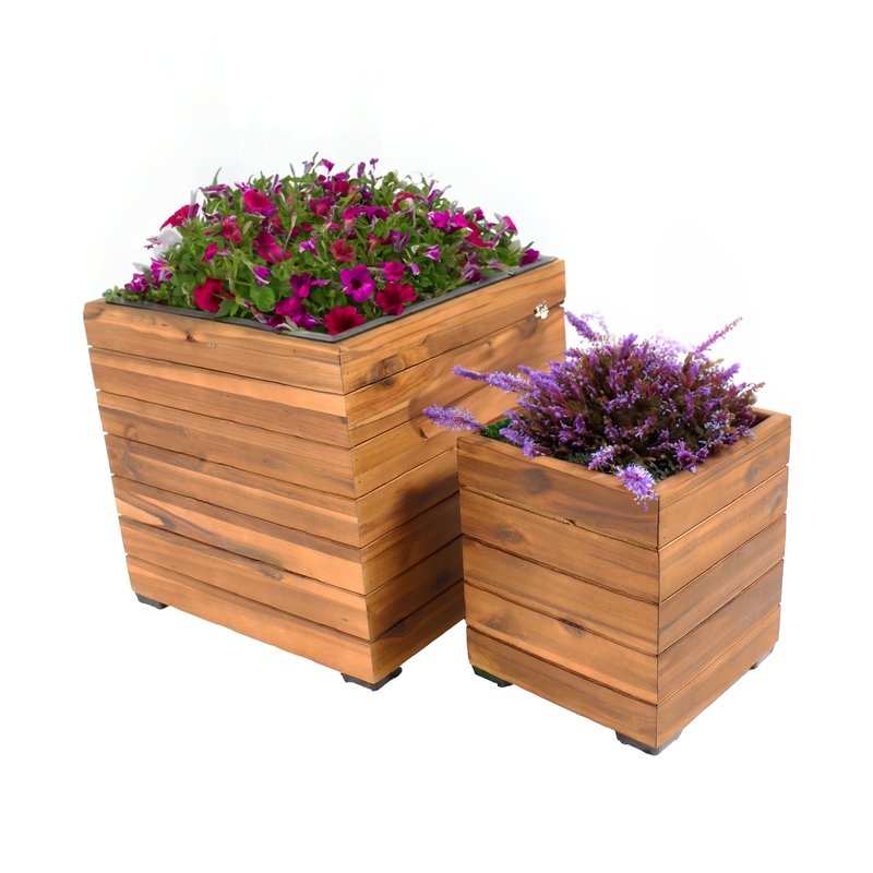 Sunnydaze Decor 2-piece Acacia Square Planter Boxes With Liners In Brown