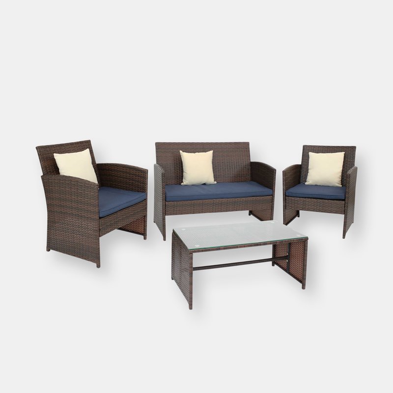 Sunnydaze Decor 4-piece Patio Rattan Conversation Furniture Set Patio Garden Navy Blue Cushions In Brown