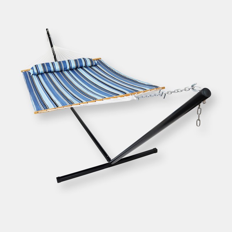 Sunnydaze Decor Double Quilted Hammock With 15' Steel Stand Spreader Bar Nautical Stripe Outdoor In Blue