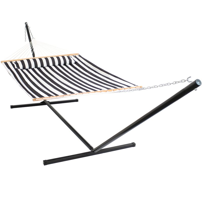 Sunnydaze Decor Double Quilted Hammock With 15' Steel Stand Spreader Bar Nautical Stripe Outdoor In Black
