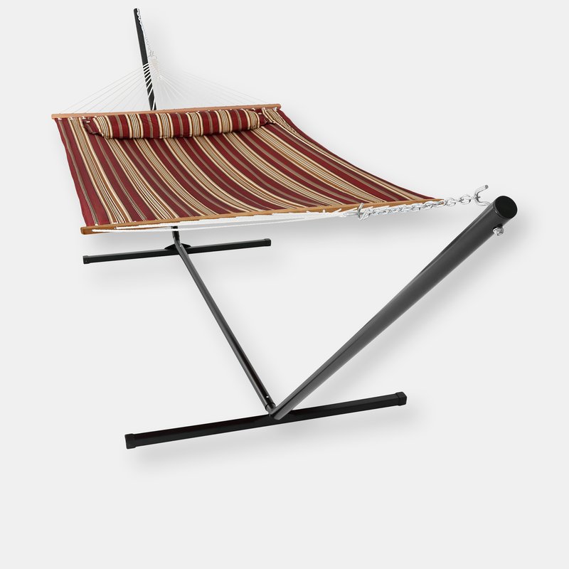 Sunnydaze Decor Double Quilted Hammock With 15' Steel Stand Spreader Bar Nautical Stripe Outdoor In Red