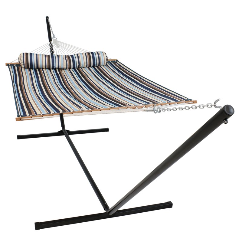 Sunnydaze Decor Double Quilted Hammock With 15' Steel Stand Spreader Bar Nautical Stripe Outdoor In Blue
