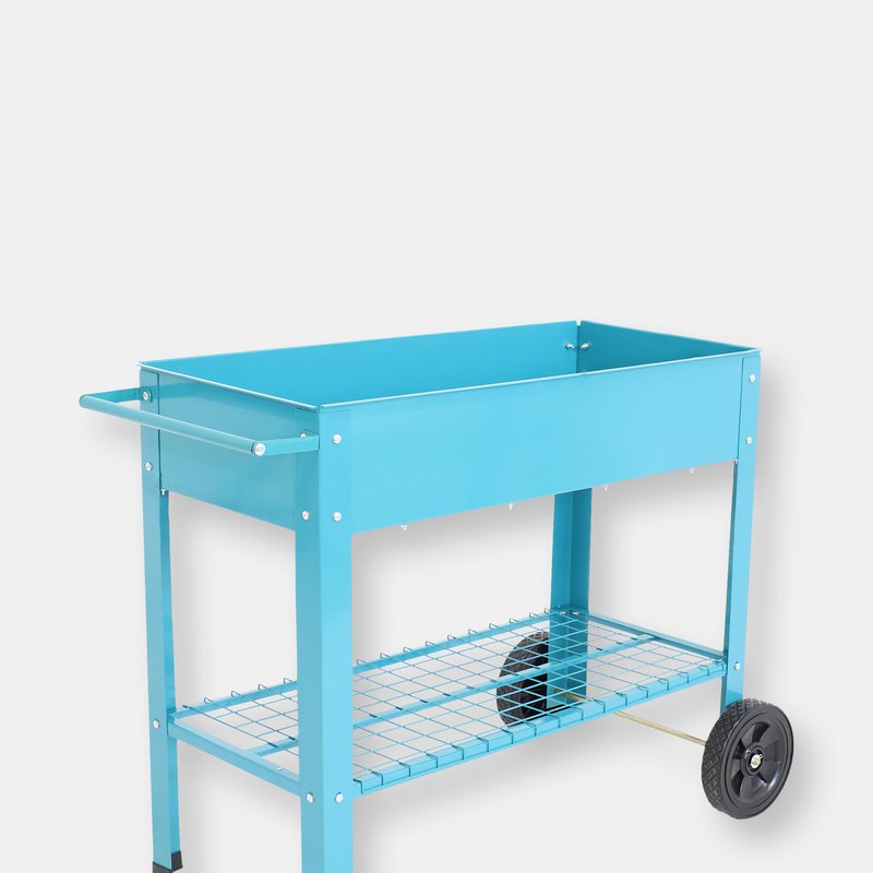 Sunnydaze Decor Sunnydaze Outdoor Galvanized Steel Raised Mobile Elevated Planter Cart With Handlebar And Wheels - B In Blue