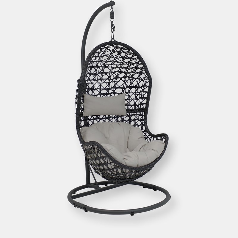 Sunnydaze Decor Hanging Egg Swing Chair And Stand Resin Patio Basket Wicker Beige Cushion Pillow In Grey