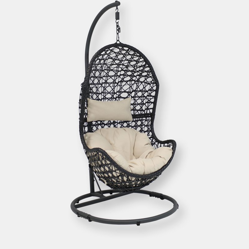 Sunnydaze Decor Hanging Egg Swing Chair And Stand Resin Patio Basket Wicker Beige Cushion Pillow In White
