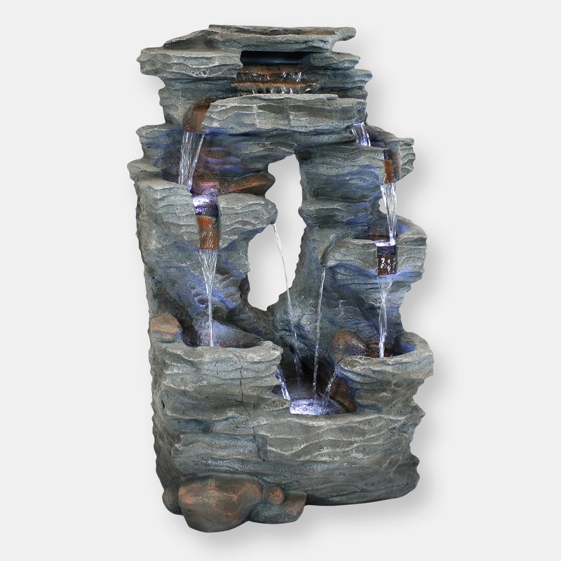 Sunnydaze Decor Outdoor Water Fountain 39" With Led Lights Garden Cascading Rock Falls Waterfall In Grey