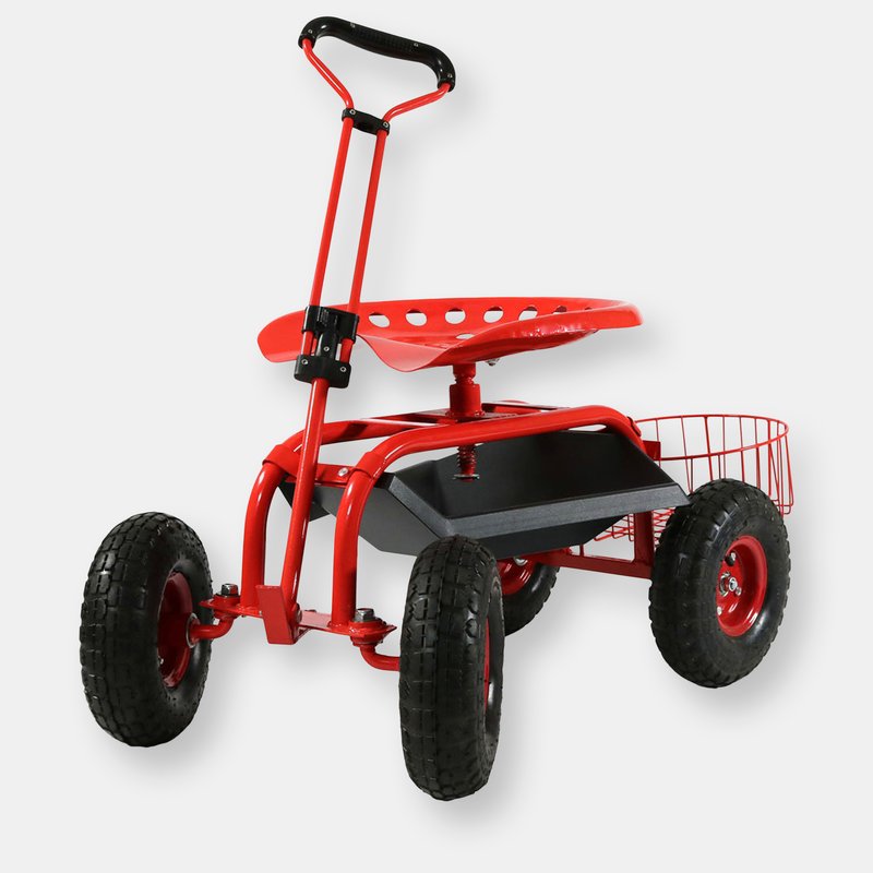 Sunnydaze Decor Rolling Garden Cart W/ Extendable Steering Handle Seat & Tray In Red
