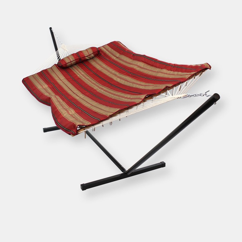 Sunnydaze Decor Rope Hammock With 12' Steel Stand Pad Pillow Green White Stripe Outdoor Patio In Red