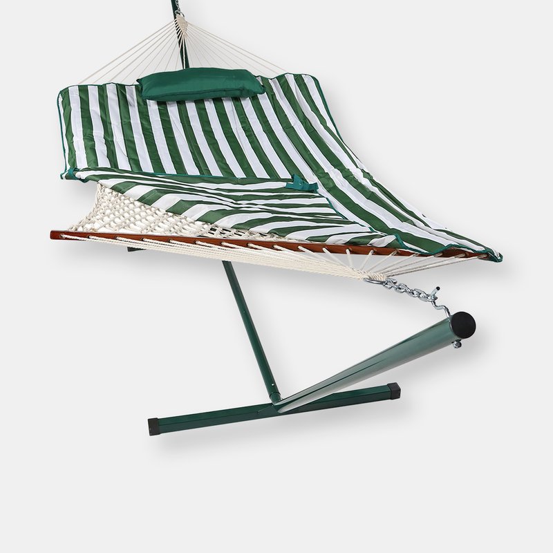 Sunnydaze Decor Rope Hammock With 12' Steel Stand Pad Pillow Green White Stripe Outdoor Patio