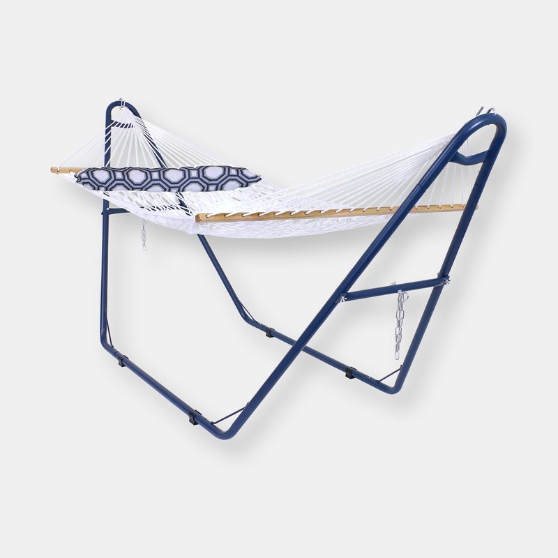 Sunnydaze Decor Sunnydaze 2-person Rope Hammock With Blue Steel Stand And Pillow In White