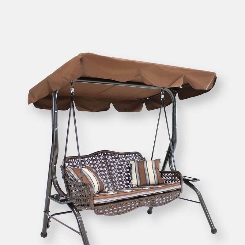 Sunnydaze Decor Sunnydaze 2-seater Rattan Patio Swing With Striped Pillows And Cushion In Brown