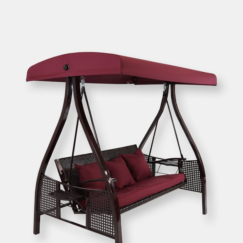 Sunnydaze Decor Sunnydaze 3-person Steel Patio Swing With Side Tables And Canopy In Red