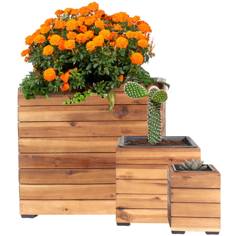 Sunnydaze Decor Sunnydaze 3-piece Acacia Square Planter Boxes With Liners In Brown