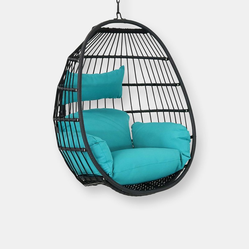 Sunnydaze Decor Sunnydaze Black Resin Wicker Hanging Egg Chair With Cushions In Blue