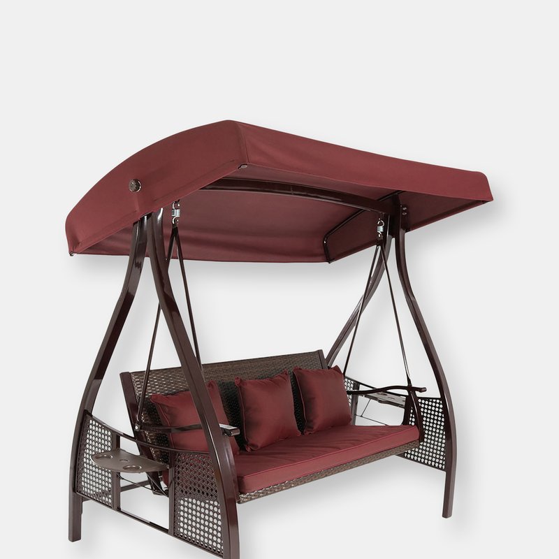 Sunnydaze Decor Sunnydaze Deluxe Steel Frame Brown Striped Cushion Canopy Swing With Side Tables In Red