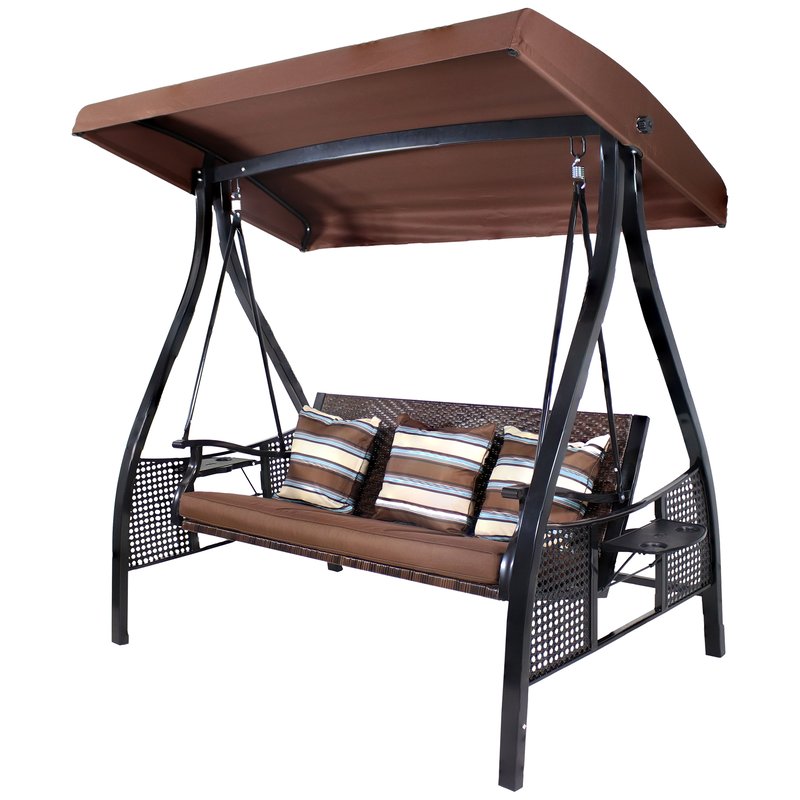 Sunnydaze Decor Sunnydaze Deluxe Steel Frame Brown Striped Cushion Canopy Swing With Side Tables