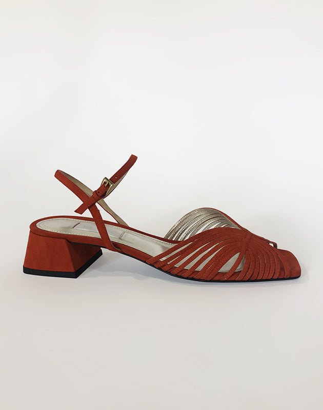 Suzanne Rae Suede Low 70s Sandal In Brown